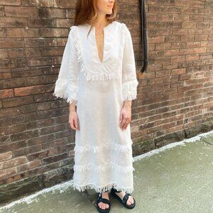 Fil De Vie "Thalia" White Linen Kaftan with Fringe Trim, size XS ** as is **.